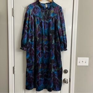 Vintage Aria Robe Housecoat Long Velour 1/4” Zip Floral Blue Plum Women’s Small